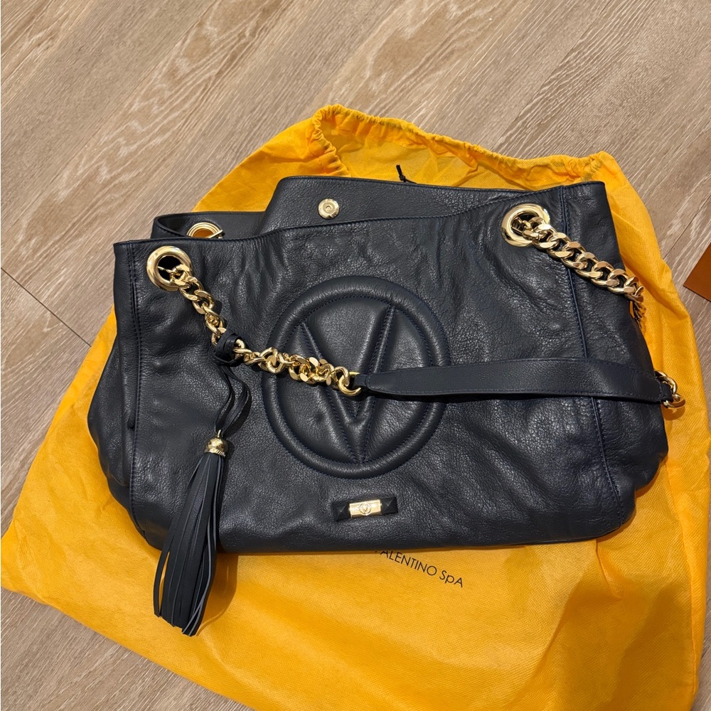Mario Valentino Navy Leather Shoulder Bag with Gold Chain